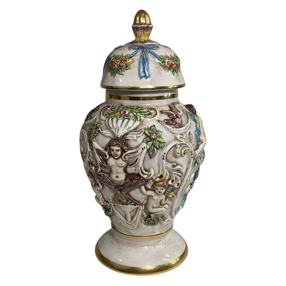 Vintage Capodimonte 3D Figural Cherubs With Flowers Lidded Ginger Jar Urn Italy - Picture 2 of 12